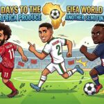 Cartoon soccer scene with three players Salah Hakimi Mané chasing a ball on a stadium field with cheering fans and Africa map in the background  trybalnews