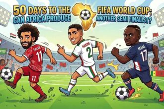 Cartoon soccer scene with three players Salah Hakimi Mané chasing a ball on a stadium field with cheering fans and Africa map in the background  trybalnews