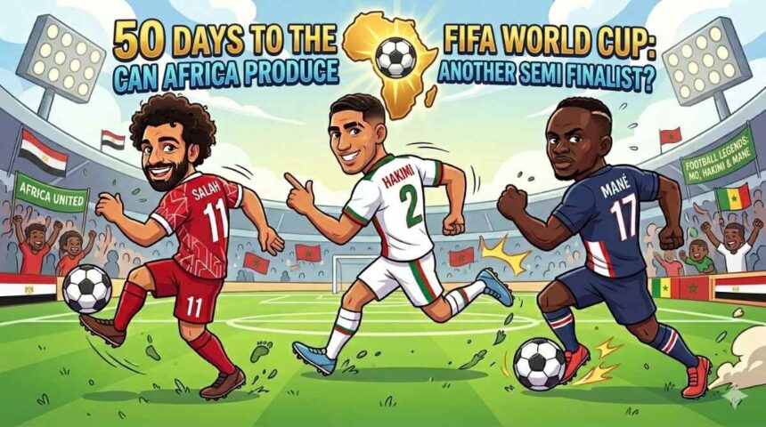 Cartoon soccer scene with three players Salah Hakimi Mané chasing a ball on a stadium field with cheering fans and Africa map in the background  trybalnews