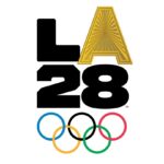 LA 2028 Olympic logo bold black 2028 with a gold A perched on top and the five interlocking Olympic rings below  trybalnews