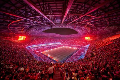 Aerial view of a packed soccer stadium at night with red lighting and a green pitch surrounded by thousands of fans.