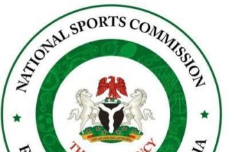 Circular emblem of Nigeria's National Sports Commission, with the national coat of arms at the center and 'The Presidency' banner; outer ring reads Federal Republic of Nigeria.