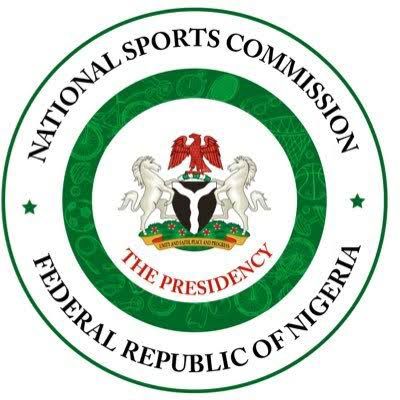 Circular emblem of Nigerias National Sports Commission with the national coat of arms at the center and The Presidency banner outer ring reads Federal Republic of Nigeria  trybalnews