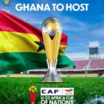 Poster announcing Ghana to host the CAF U 20 Africa Cup of Nations 2027 featuring the trophy Ghana flag and stadium background  trybalnews