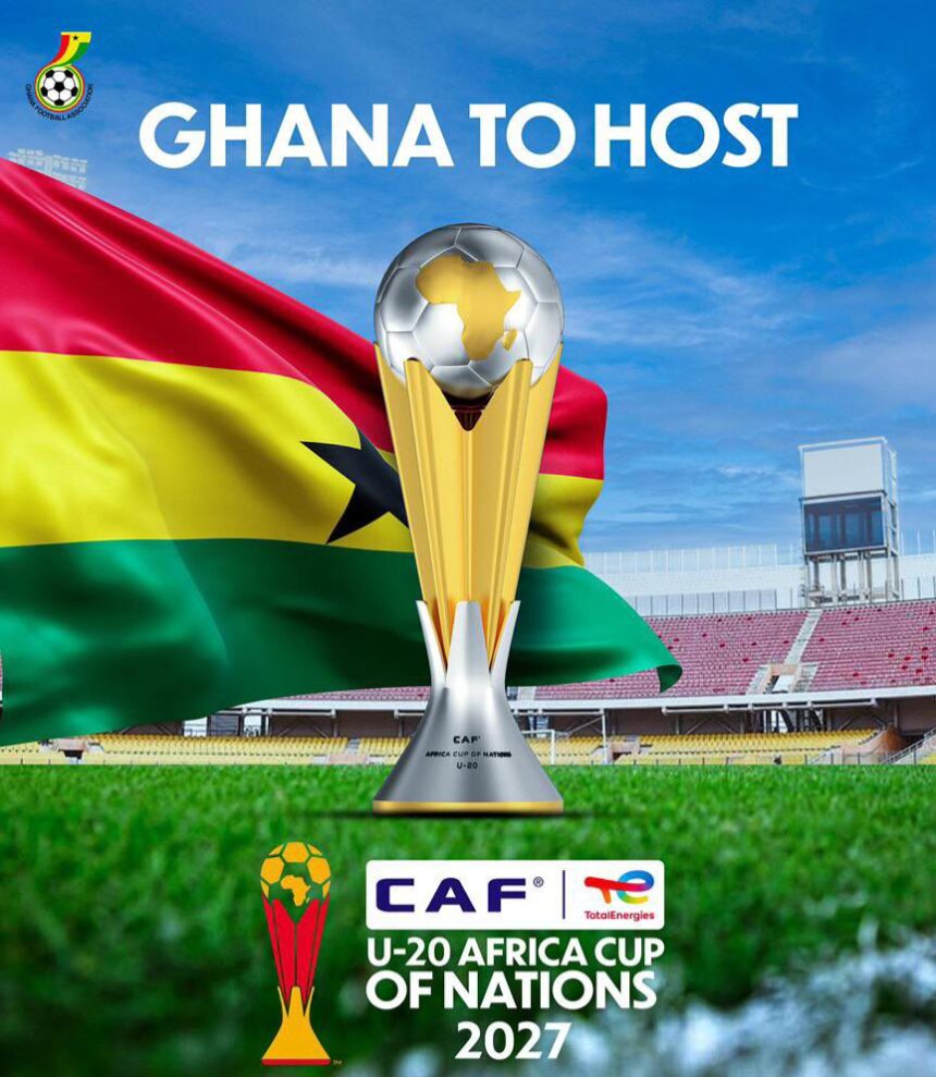 Poster announcing Ghana to host the CAF U 20 Africa Cup of Nations 2027 featuring the trophy Ghana flag and stadium background  trybalnews