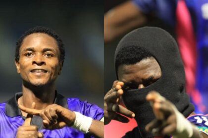 Side-by-side collage of two soccer players in purple jerseys making an L-shaped hand gesture to celebrate; left player smiles, right player wears a black balaclava.