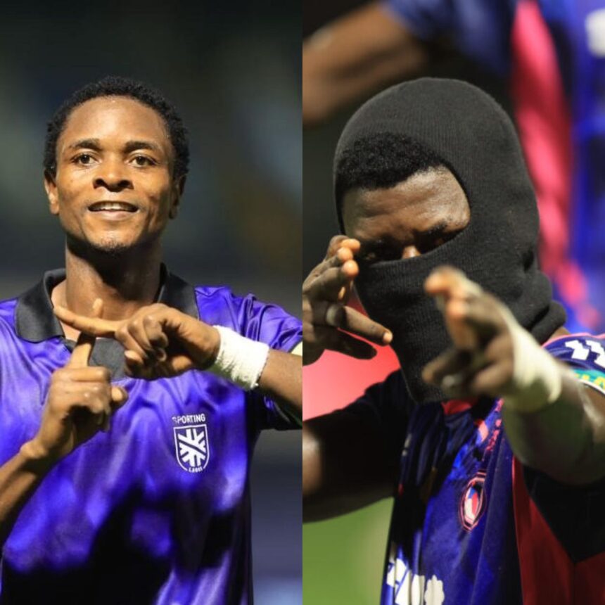 Side by side collage of two soccer players in purple jerseys making an L shaped hand gesture to celebrate left player smiles right player wears a black balaclava  trybalnews