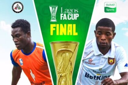 Lagos FA Cup Final poster with two players flanking a gold trophy in the center.