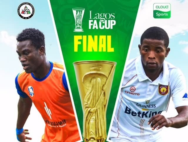 Lagos FA Cup Final poster with two players flanking a gold trophy in the center  trybalnews