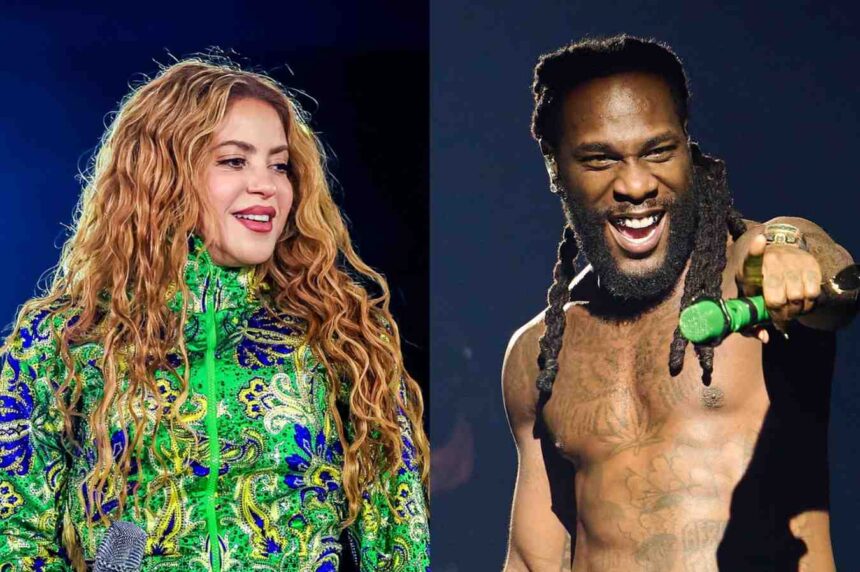 Shakira and Burna Boy on stage in different shows smiling a smiling woman with long curly hair wearing a vivid green patterned jacket beside a shirtless man with dreadlocks laughing and holding a green microphone  trybalnews