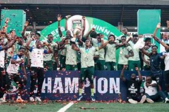 Soccer team and fans celebrate on the pitch holding a 'CHAMPION' banner as confetti falls.
