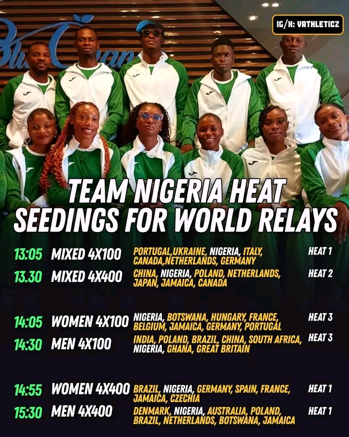 WhatsApp Image 20260502 at 061855 Trybal News Group photo of Nigeria athletics team in green and white jackets posing with a World Relays schedule overlay saying Team Nigeria Heat Seedings for World Relays trybalnews