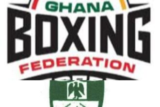 Ghana Boxing Federation logo featuring bold black 'BOXING' text with 'GHANA' above and a green badge below.