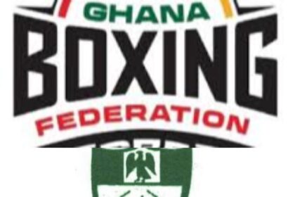 Ghana Boxing Federation logo featuring bold black 'BOXING' text with 'GHANA' above and a green badge below.