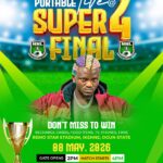 Promotional poster for Nigeria National League Super4 Final featuring a man in a red jacket with colorful hair large gold SUPER4 FINAL text and trophy imagery with event details at the bottom  trybalnews