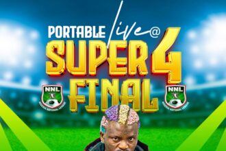 Promotional poster for Nigeria National League Super4 Final, featuring a man in a red jacket with colorful hair, large gold 'SUPER4 FINAL' text, and trophy imagery with event details at the bottom.