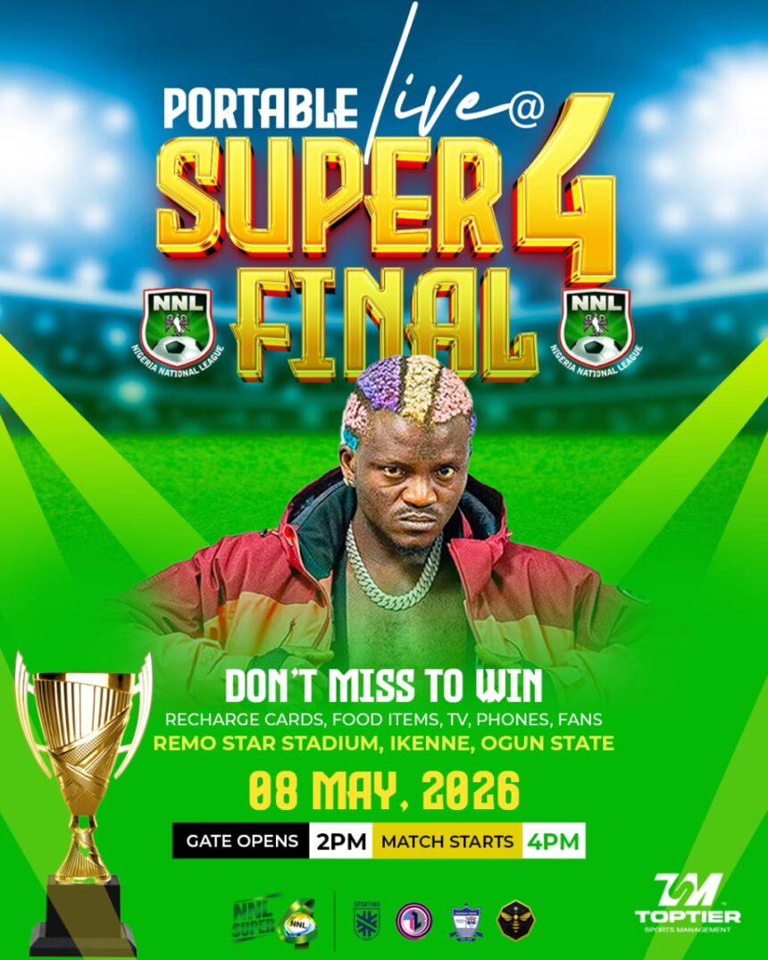 Promotional poster for Nigeria National League Super4 Final featuring a man in a red jacket with colorful hair large gold SUPER4 FINAL text and trophy imagery with event details at the bottom  trybalnews