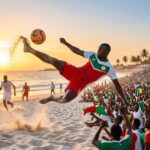 Soccer player in red and white performs a bicycle kick on a sunlit beach with a cheering crowd waving green white and red flags in the stands and on the shore  trybalnews
