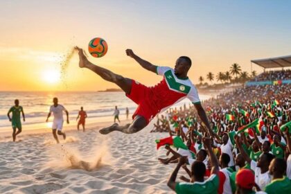 Soccer player in red and white performs a bicycle kick on a sunlit beach, with a cheering crowd waving green, white, and red flags in the stands and on the shore.
