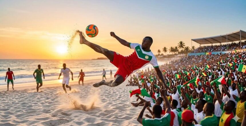 Soccer player in red and white performs a bicycle kick on a sunlit beach with a cheering crowd waving green white and red flags in the stands and on the shore  trybalnews