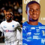 Two male soccer players left in a white kit celebrating with a smile right in a blue kit posing for a magazine style portrait on a beige background  trybalnews