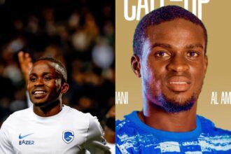 Two male soccer players: left in a white kit celebrating with a smile, right in a blue kit posing for a magazine-style portrait on a beige background.