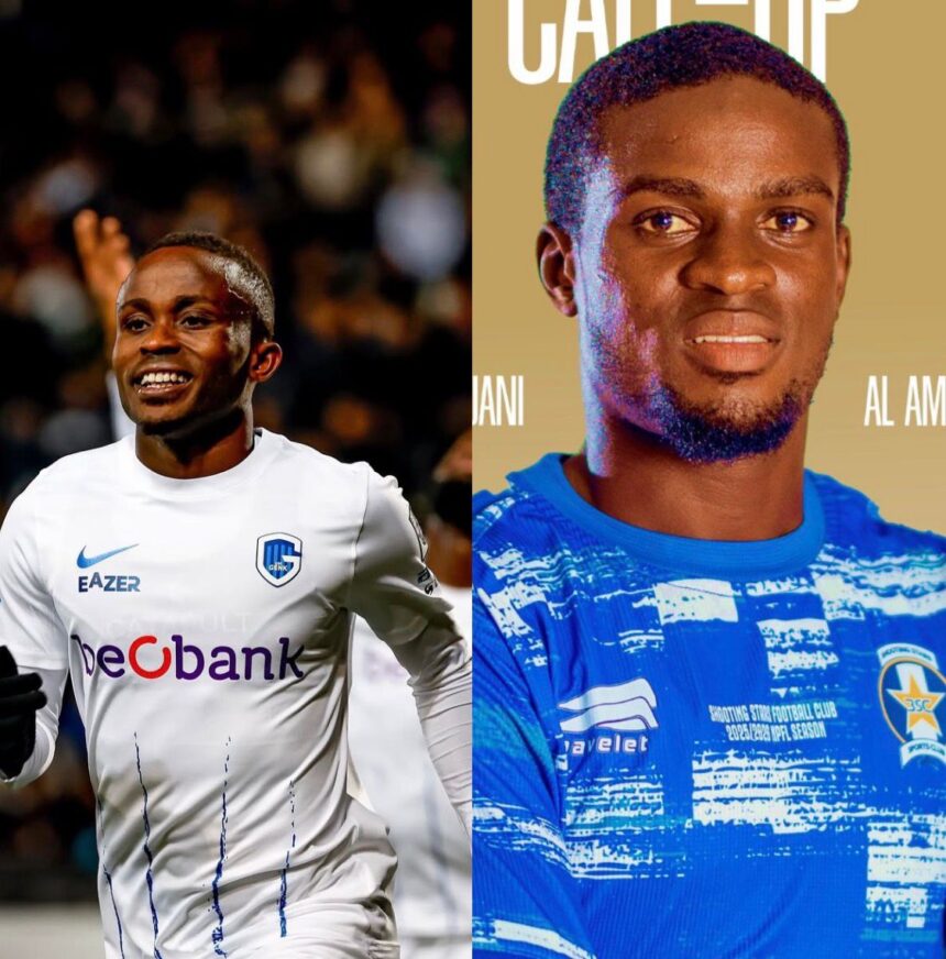 Two male soccer players left in a white kit celebrating with a smile right in a blue kit posing for a magazine style portrait on a beige background  trybalnews