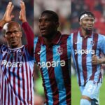 Three footballers in blue and maroon Trabzonspor jerseys celebrate on the pitch in a split screen collage  trybalnews