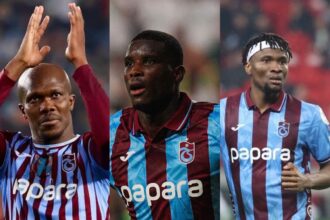 Three footballers in blue-and-maroon Trabzonspor jerseys celebrate on the pitch in a split-screen collage.