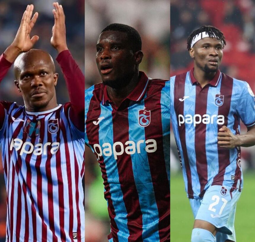 Three footballers in blue and maroon Trabzonspor jerseys celebrate on the pitch in a split screen collage  trybalnews
