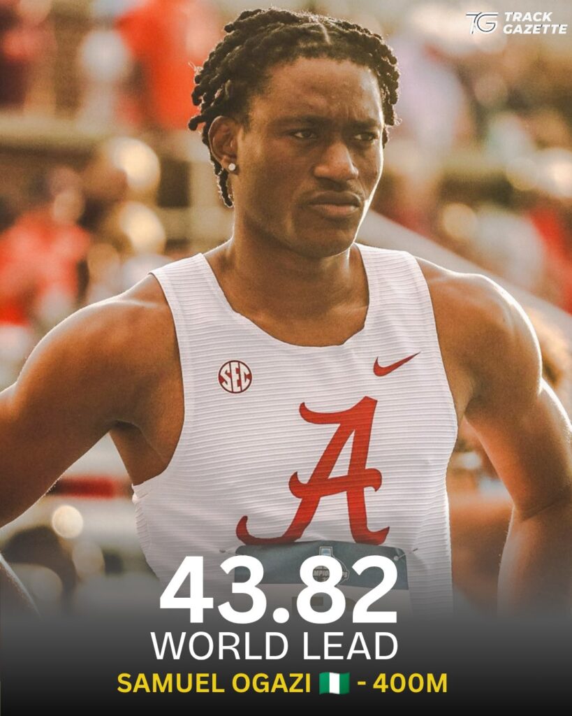 Male sprinter in a white singlet with a red Alabama logo standing on a track bold overlay reads 4382 World Lead Samuel Ogazi Nigeria   400m  trybalnews