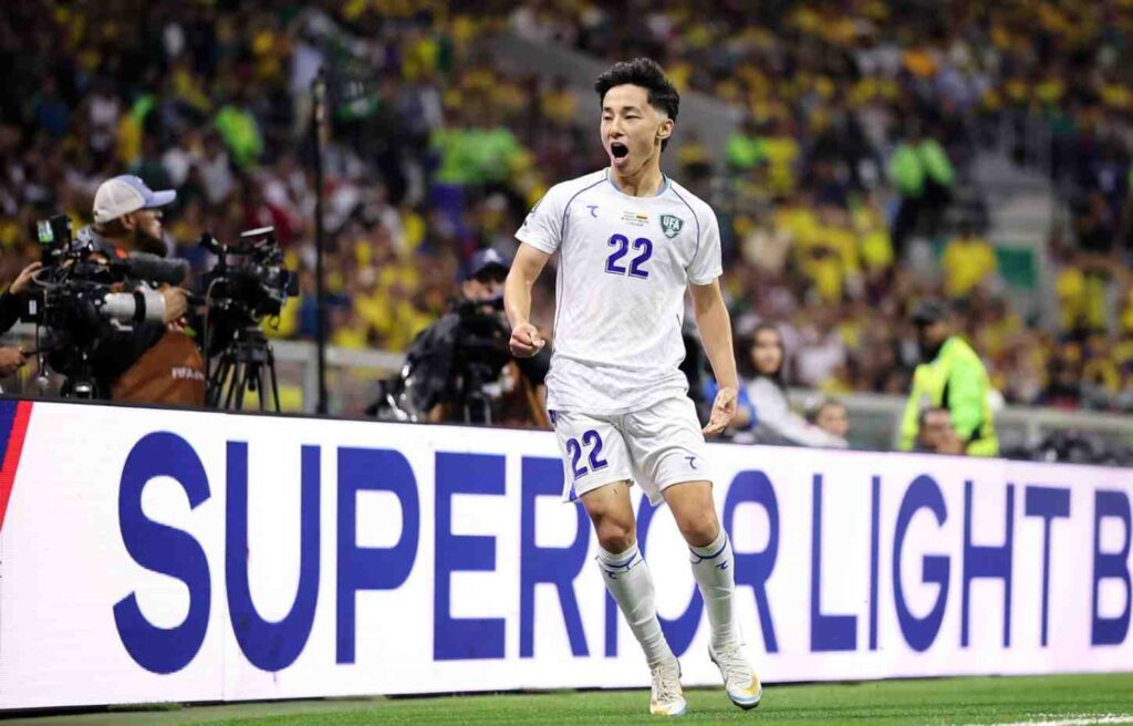 Uzbekistan player Abbosbek Fayzullaev celebrates after scoring his teams first goal during the FIFA World Cup 2026 Group K match against Colombia at Mexico City Stadium on June 17 2026  trybalnews