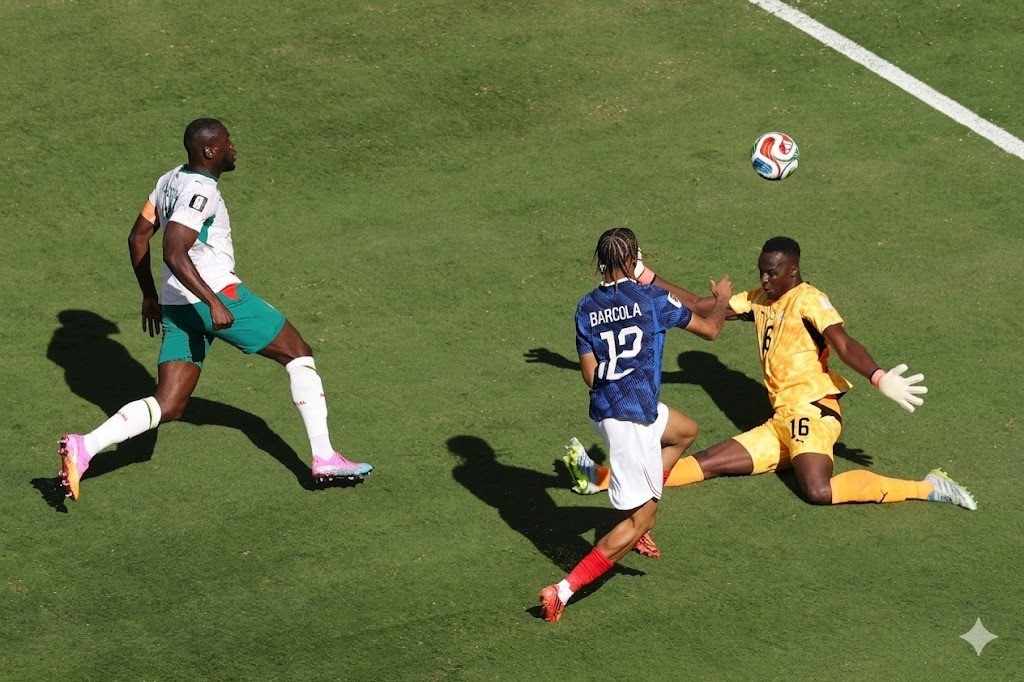 Bradley Barcola of France scores his teams second goal during the FIFA World Cup 2026 Group I match between France and Senegal at New York New Jersey Stadium on June 16 2026 in East Rutherford New Jersey  trybalnews