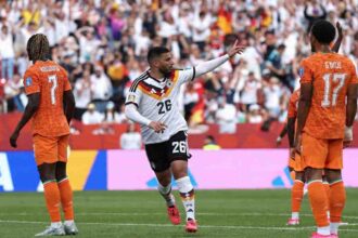 TORONTO, ONTARIO - JUNE 20: Deniz Undav #26 of Germany celebrates scoring his team's second goal during the FIFA World Cup 2026 Group E match between Germany and Cote D'Ivoire at Toronto Stadium on June 20, 2026 in Toronto, Ontario. (Photo by Ezra Shaw - FIFA/FIFA via Getty Images)