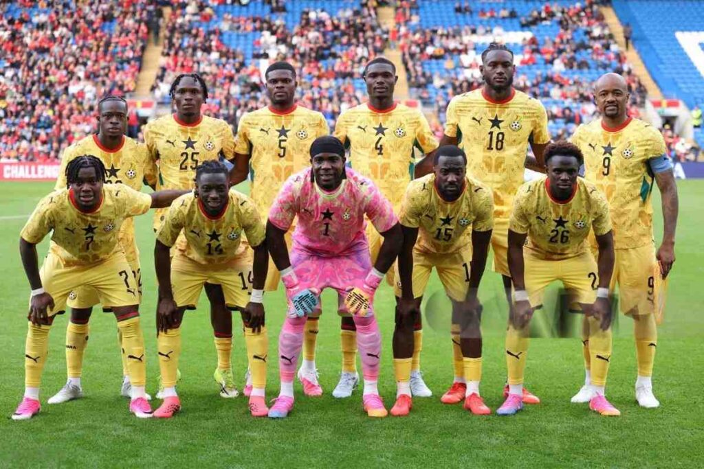 Ghana Trybal News Ghana 11 players in yellow jerseys pose for a team photo before their international friendly against Wales at Cardiff City Stadium in Cardiff Wales on June 2 2026 trybalnews
