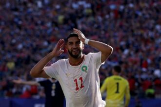 Ismael Saibari of Morocco celebrates after scoring first goal vs Scotland, FIFA World Cup 2026 Group C at Boston Stadium.