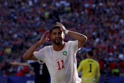 Ismael Saibari of Morocco celebrates after scoring first goal vs Scotland, FIFA World Cup 2026 Group C at Boston Stadium.