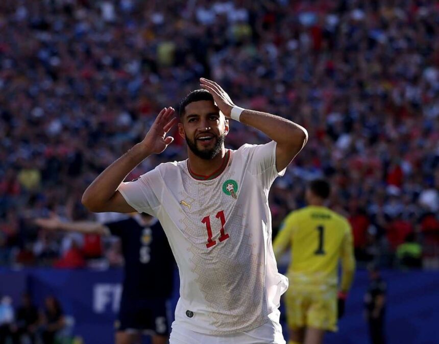 Ismael Saibari of Morocco celebrates after scoring first goal vs Scotland FIFA World Cup 2026 Group C at Boston Stadium  trybalnews