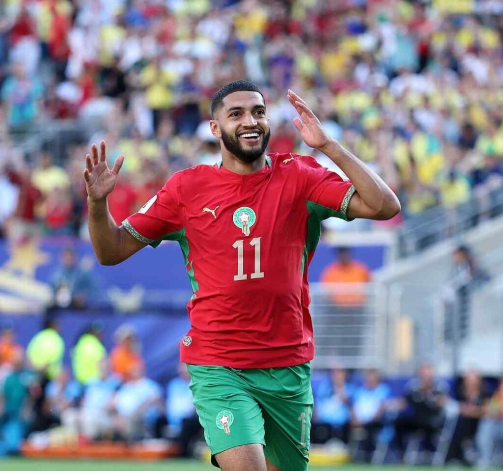 Ismael Saibari of Morocco celebrates scoring his teamaposs first goal during the FIFA World Cup 2026 Group C match between Brazil and Morocco  trybalnews