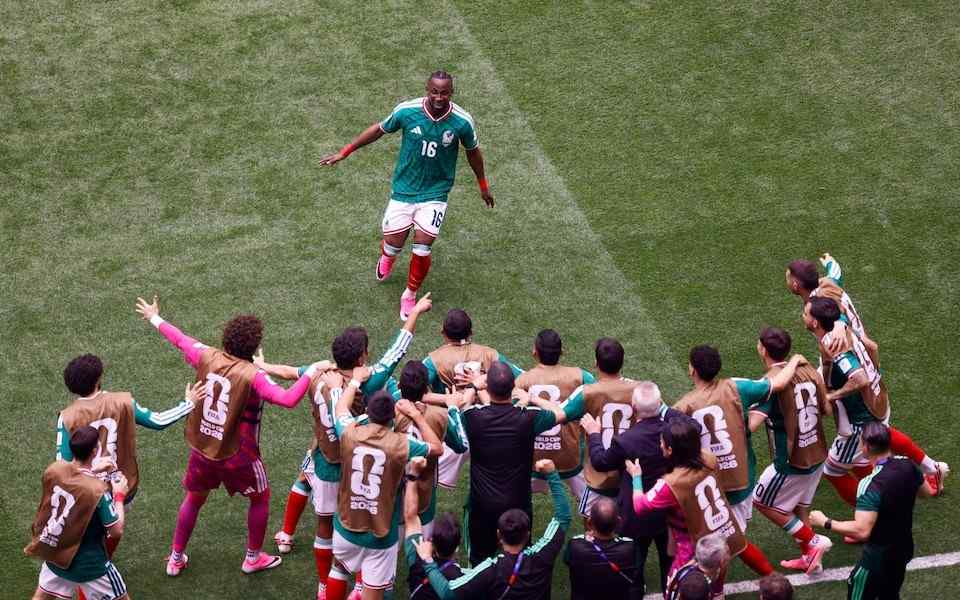 Julian Quinones Trybal News Julian Quinones celebrates with Mexicos subs after scorin against South Africa trybalnews