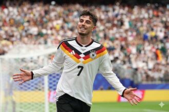 Soccer player in Germany jersey #7 celebrates with arms outstretched on a green field, crowd blurred in stadium behind him from a match scene.