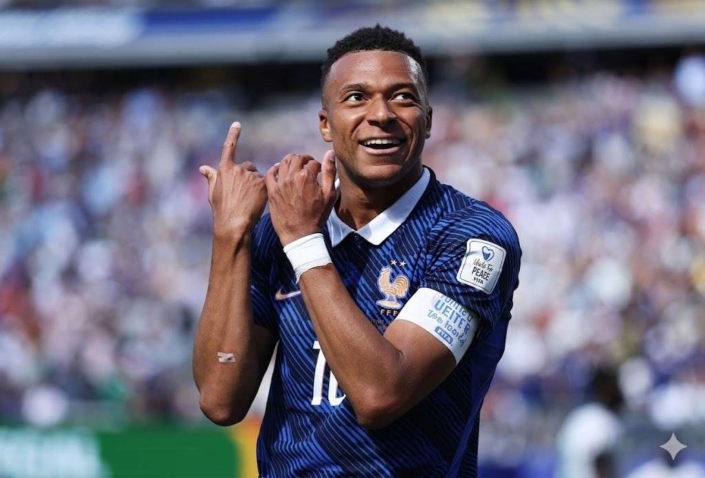 Kylian Mbappe Trybal News Celebrating footballer Mbappe in a blue kit on a crowded stadium making a hand gesture with his arms raised in celebration after scoring against Senegal trybalnews