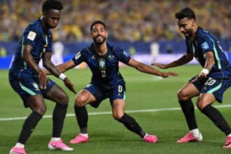 Brazil's Matheus Cunha celebrates after scoring second goal vs Haiti, 2026 World Cup Group C at Philadelphia Stadium.