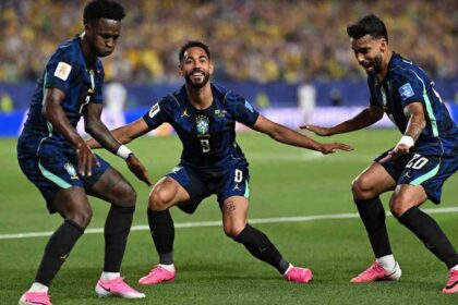 Brazil's Matheus Cunha celebrates after scoring second goal vs Haiti, 2026 World Cup Group C at Philadelphia Stadium.