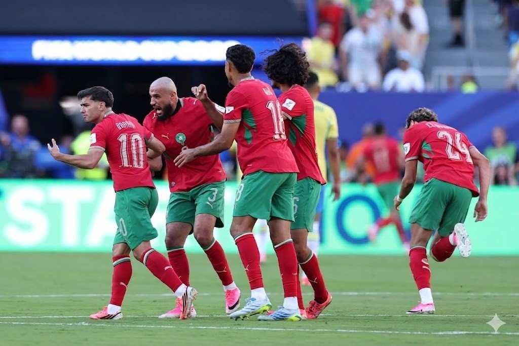 MoroccoPlayersCelebrate Trybal News Morocco players celebrate Ismael Saibari goal vs Brazil 1 1 World Cup 2026 Group C trybalnews