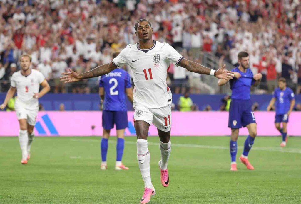 Rashford Trybal News Englands Marcus Rashford celebrates after scoring his teams fourth goal against Croatia in the FIFA World Cup 2026 Group L match at Dallas Stadium Arlington Texas trybalnews