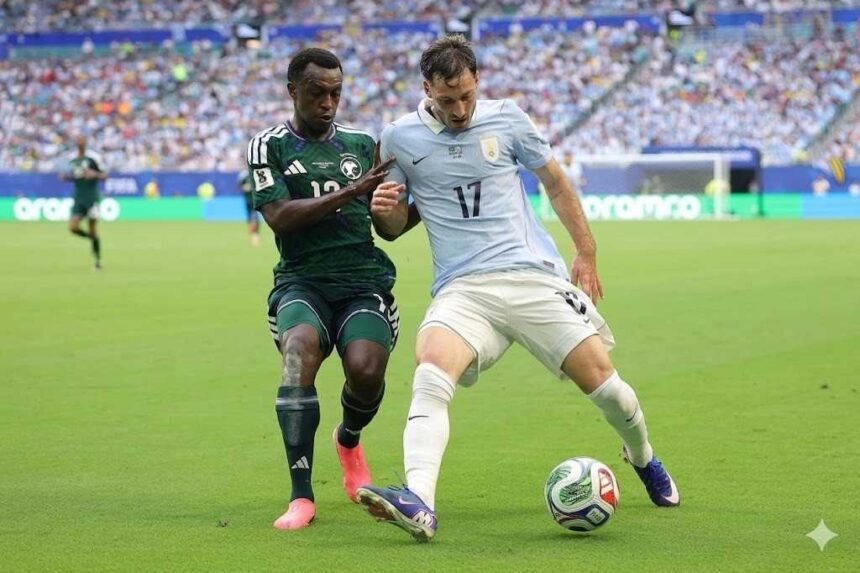 Two soccer players contest the ball on a green field one in light blue with number 17 and the other in dark green as a crowded stadium watches  trybalnews