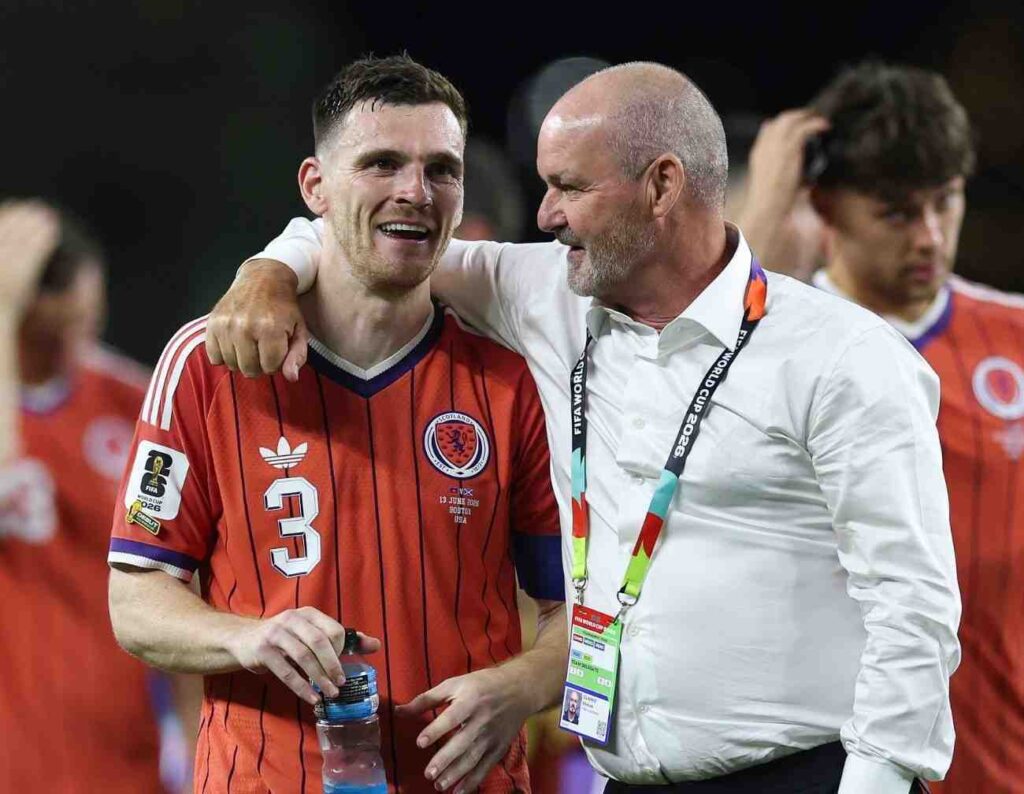Steve Clarke Andrew Robertson Trybal News Andrew Robertson of Scotland and Scotland head coach Steve Clarke celebrate at full time during the FIFA World Cup 2026 Group C match between Haiti and Scotland trybalnews