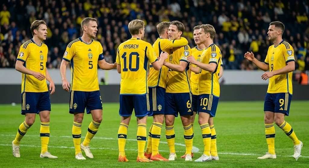 Group of Sweden national soccer players in yellow jerseys celebrate on the field amid a crowd after scoring against Tunisia  trybalnews