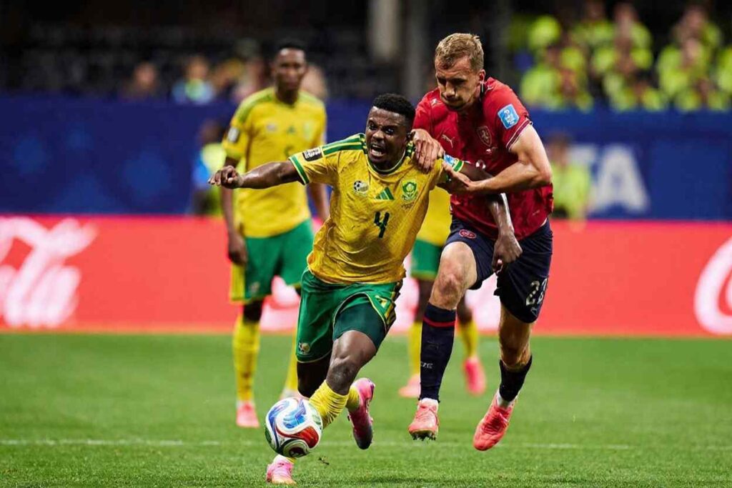 Bafana Bafana midfielder Teboho Mokoena in yellow jersey battles Czechias Tomas Soucek for the ball at Atlanta Stadium World Cup 2026 Group A June 18 2026  trybalnews